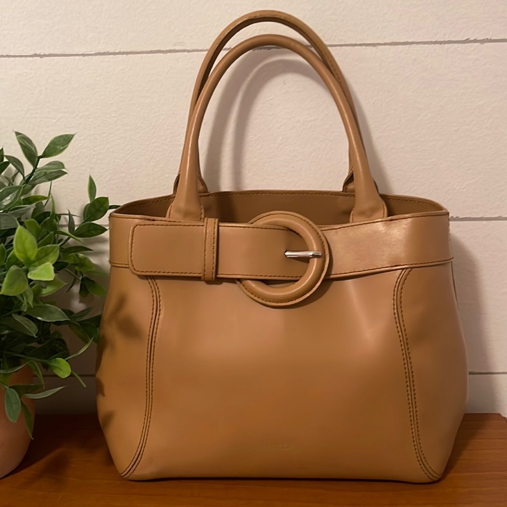 AUTHENTIC FURLA Stitch Belt Tote Bag Purse Tan Leather